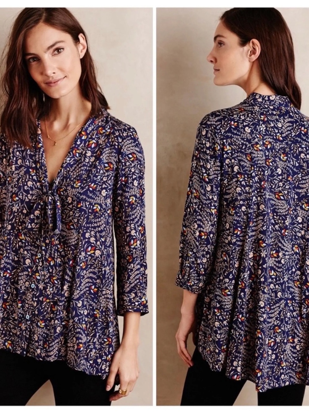 EUC Anthropologie Maeve Tie Neck Swing Blouse— Navy Botanical